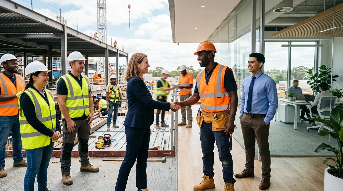 A dynamic, professional hero image showing a diverse group of skilled temporary workers in high-visibility vests and office attire, shaking hands with a manager on a modern construction site and in a bright office environment, symbolizing partnership and immediate workforce solutions.