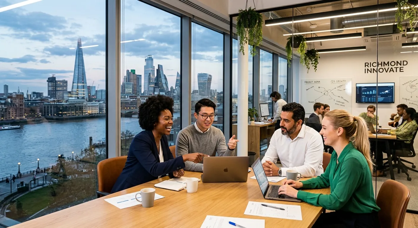 A dynamic, professional photo of a diverse team collaborating in a modern Richmond office, with the... A dynamic, professional photo of a diverse team collaborating in a modern Richmond office, with the London skyline visible through the window. Style: Vibrant, professional, and energetic.