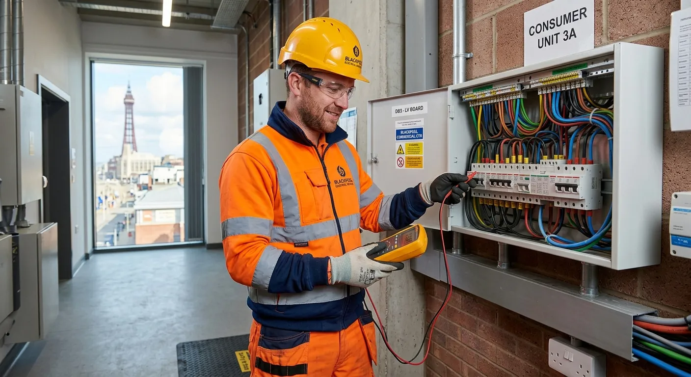 A professional electrician in PPE, testing a consumer unit in a modern commercial building in Blackp... A professional electrician in PPE, testing a consumer unit in a modern commercial building in Blackpool, confident and focused expression