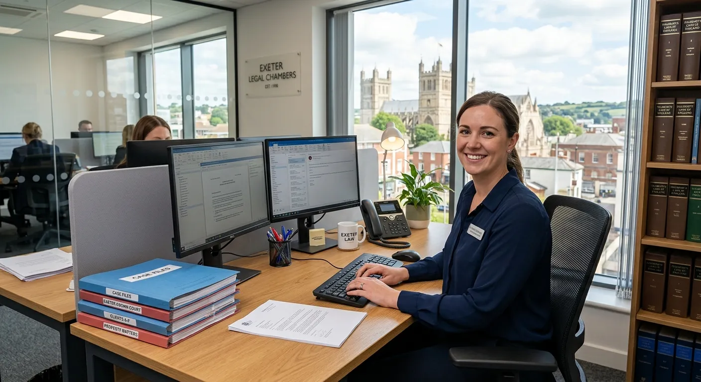 A professional, well-lit photograph of a modern legal office in Exeter, featuring a tidy desk with a... A professional, well-lit photograph of a modern legal office in Exeter, featuring a tidy desk with a computer, legal files, and a smiling Legal Secretary working efficiently. Style: Professional, inviting, and location-specific.