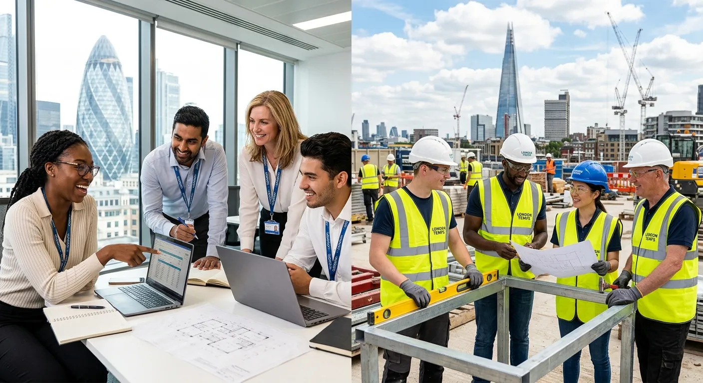 A dynamic, professional photo of diverse temporary workers collaborating in a modern London office and on a construction site, showcasing energy and teamwork. Style: Bright, sharp, professional. Mood: Energetic, reliable, and efficient.