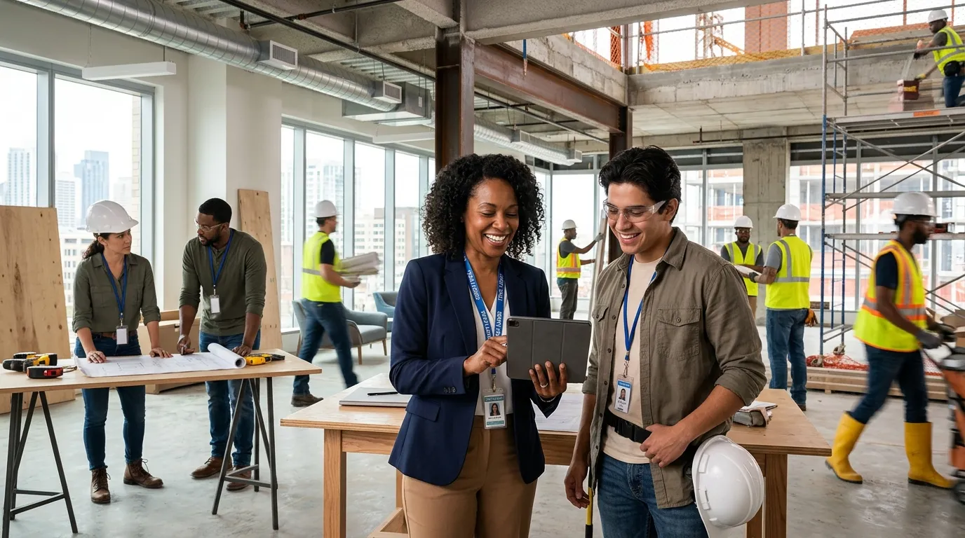 A dynamic, professional hero image showing a diverse team of temporary workers collaborating in a modern office/construction hybrid setting. A manager is smiling while reviewing a tablet with a candidate. Style: High-energy, professional, with a focus on human connection and action.