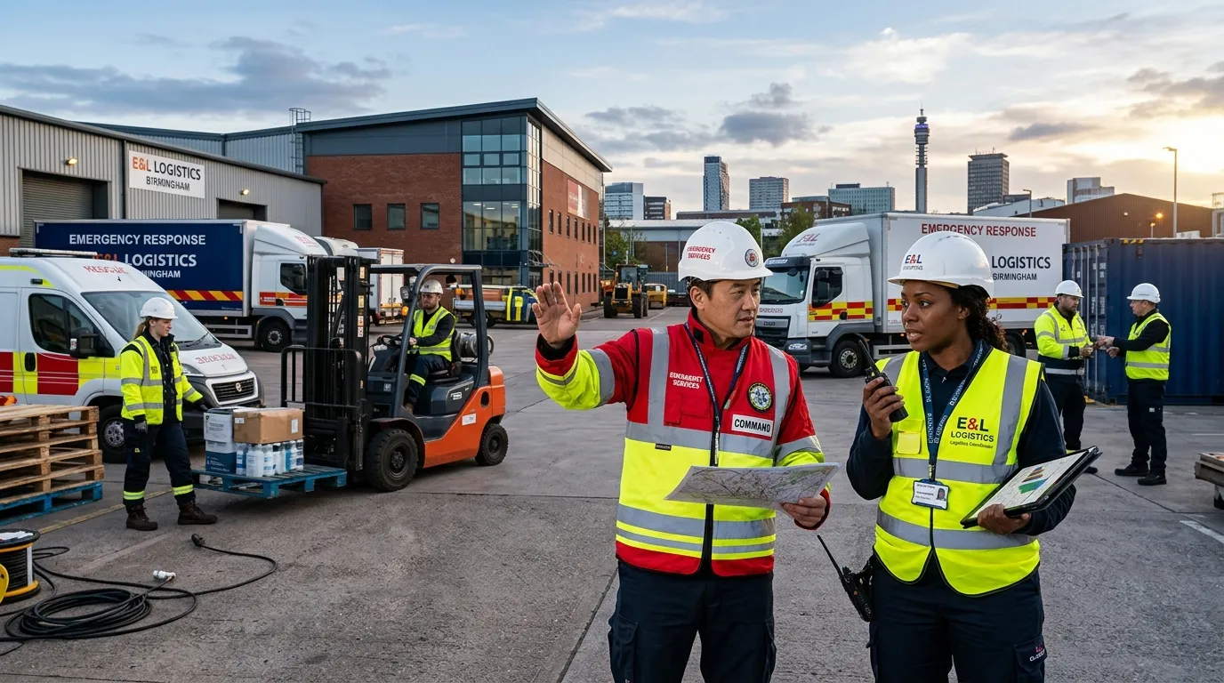 A dynamic, professional hero image showing a diverse team of emergency response and logistics personnel in high-visibility vests, working efficiently in a modern Birmingham industrial setting. The mood is urgent, capable, and trustworthy.
