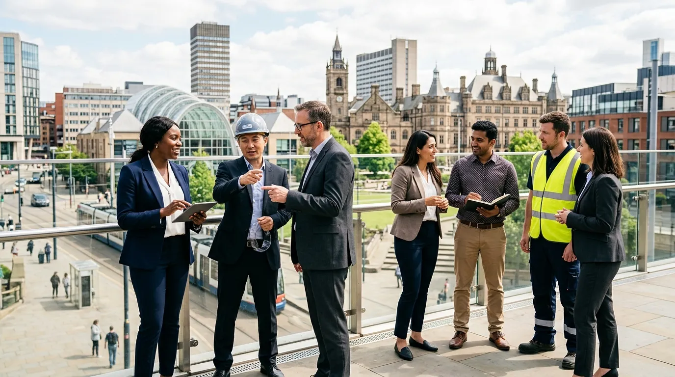 Professional hero image of a modern Sheffield cityscape blended with dynamic, diverse professionals in business and industrial attire, looking confident and collaborative. Style: Vibrant, professional, forward-looking mood.