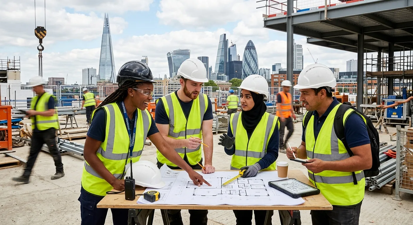 A dynamic, professional photo of diverse temporary workers collaborating in a modern London office or construction site, showcasing teamwork and energy.