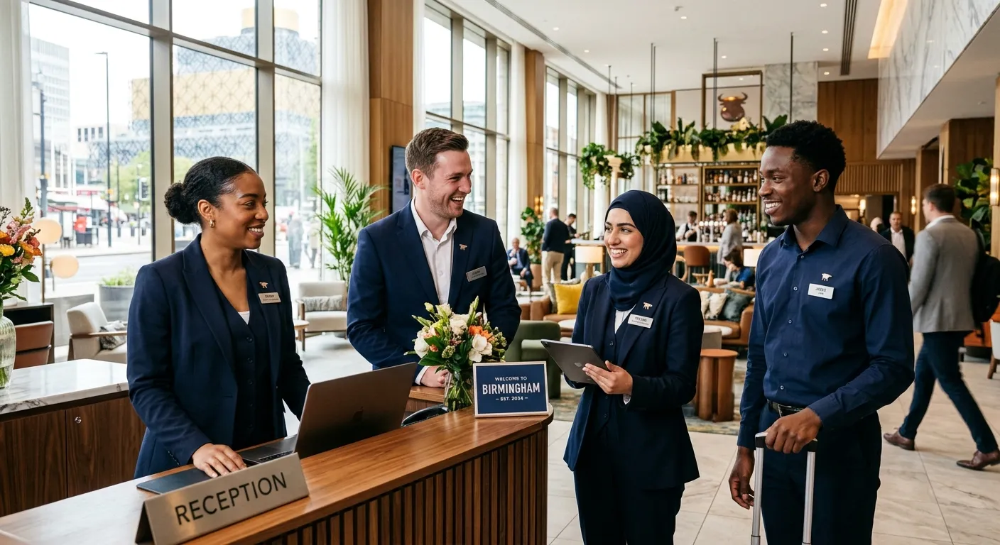 A professional, diverse group of hospitality staff in smart uniforms, smiling and working together i... A professional, diverse group of hospitality staff in smart uniforms, smiling and working together in a bright, modern hotel lobby or restaurant setting in Birmingham. The mood is energetic, welcoming, and professional.