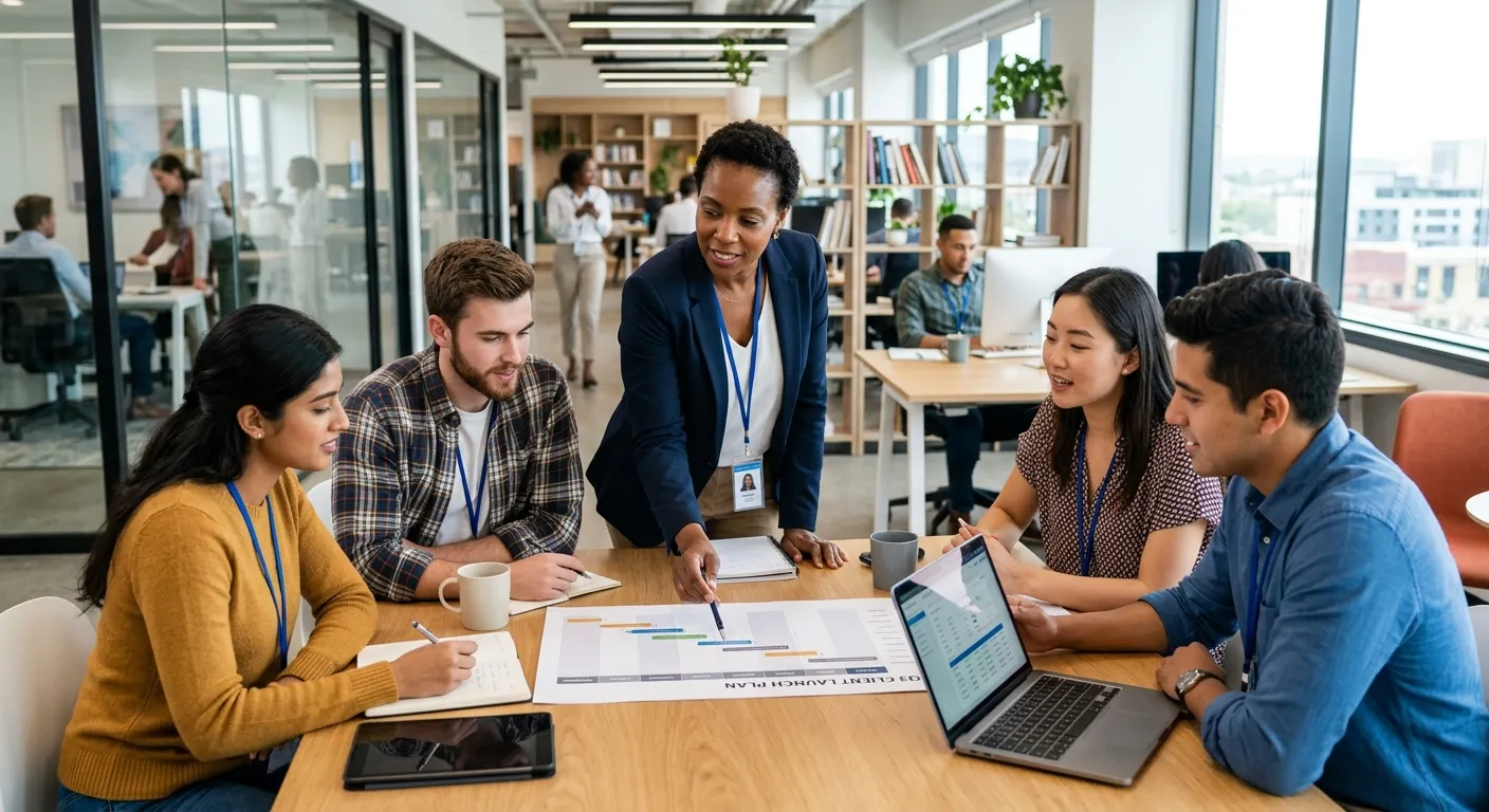 A dynamic, professional photo of a diverse group of temporary workers collaborating in a modern offi... A dynamic, professional photo of a diverse group of temporary workers collaborating in a modern office environment, with a manager reviewing a project plan. Style: Bright, energetic, and professional. Mood: Collaborative and efficient.