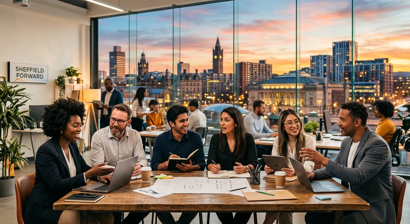 A dynamic, professional photo of Sheffield's skyline blending with a diverse group of professionals... A dynamic, professional photo of Sheffield's skyline blending with a diverse group of professionals in a modern office setting. Style is vibrant, optimistic, and forward-thinking.