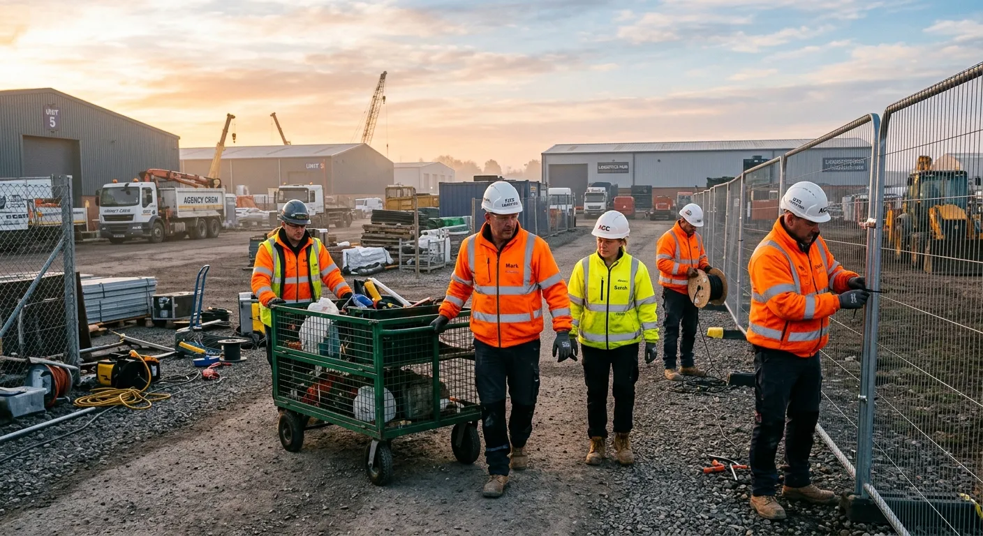 A team of agency workers in high-vis jackets and hard hats assisting with securing a site perimeter and moving equipment at an industrial estate, early morning light