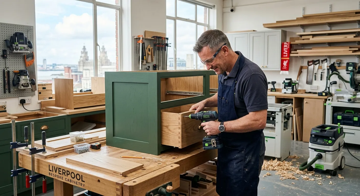 A professional, well-lit photograph of a skilled cabinet maker in a modern workshop in Liverpool, ca... A professional, well-lit photograph of a skilled cabinet maker in a modern workshop in Liverpool, carefully assembling a high-quality kitchen cabinet unit. The image should convey precision, craftsmanship, and a clean, organised work environment. Mood: Professional, skilled, and in-demand.