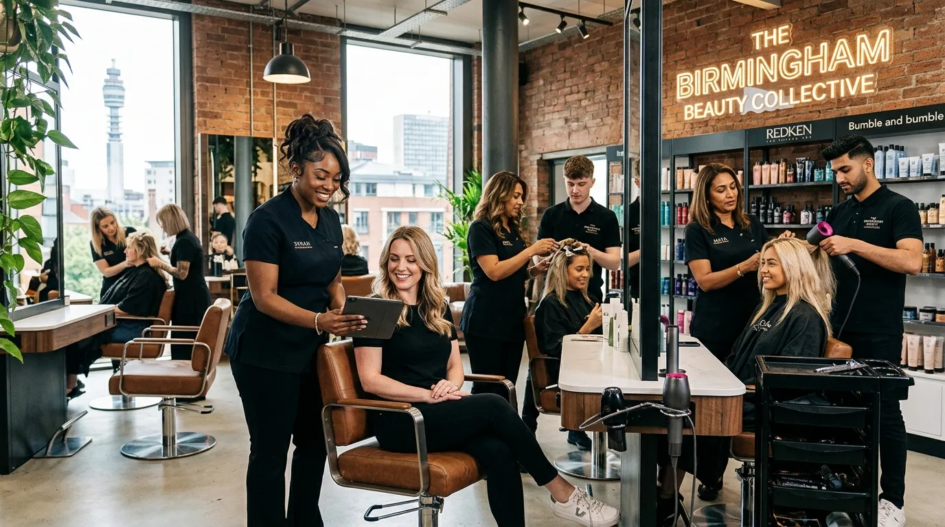 A dynamic, professional hero image showing a diverse team of beauty professionals in a modern Birmingham salon setting. One stylist consulting with a client, another working at a high-tech station, conveying skill, luxury, and teamwork. Mood: Confident, modern, and aspirational.