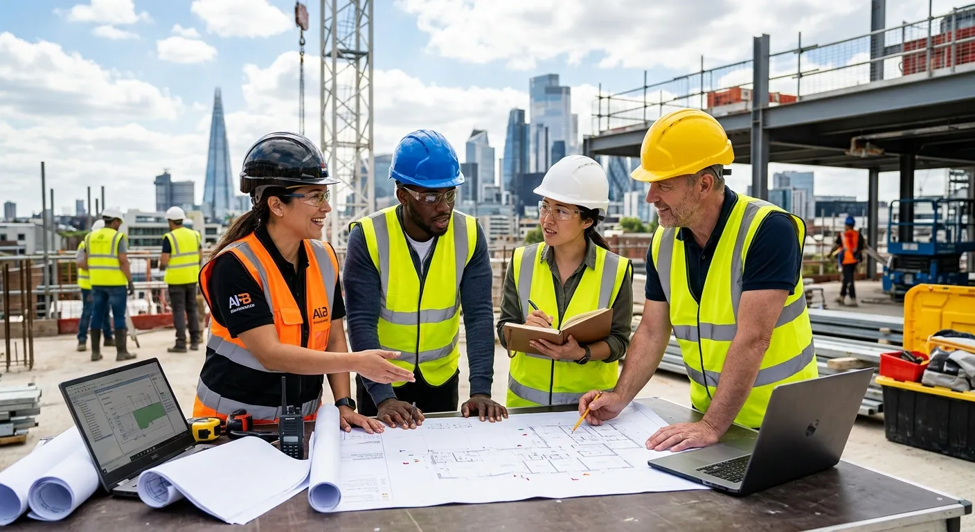 A professional, high-contrast image of a diverse team of employees collaborating in a modern office... A professional, high-contrast image of a diverse team of employees collaborating in a modern office or on a construction site, looking engaged and productive. Style: Corporate, optimistic, focused. Mood: Successful, unified, forward-thinking.