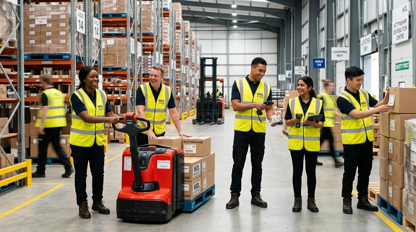 A dynamic, professional hero image showing a diverse team of warehouse operatives in a modern, well-lit Nottingham distribution centre. They are smiling, wearing hi-vis vests, and working collaboratively with modern equipment like pallet jacks and handheld scanners. The mood is energetic, professional, and welcoming.