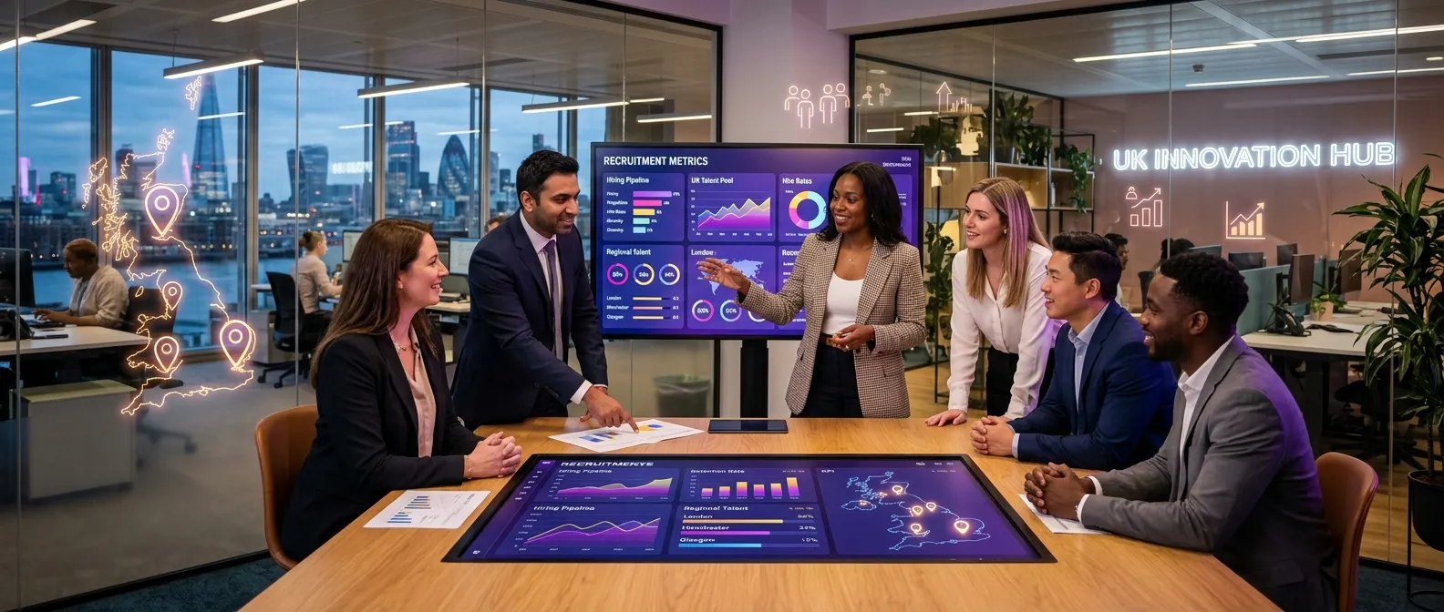 A dynamic, professional hero image showing a diverse team of UK business leaders and HR professional... A dynamic, professional hero image showing a diverse team of UK business leaders and HR professionals collaborating over digital analytics dashboards in a modern office, with a subtle overlay of UK map pins and recruitment metrics. Style: Tech-forward, vibrant, with electric purple and gold accents.