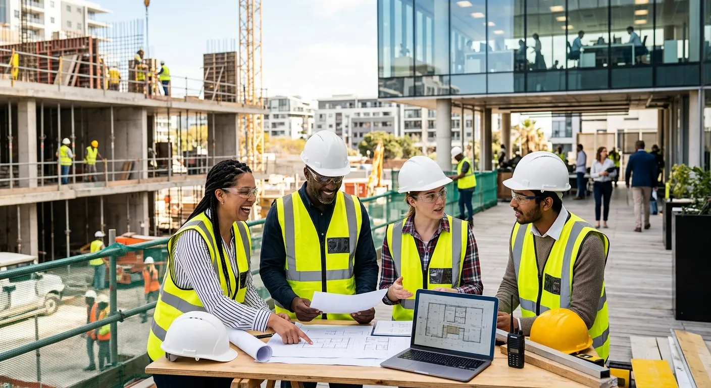 A dynamic, professional photo of a diverse group of temporary workers in high-vis vests and office a... A dynamic, professional photo of a diverse group of temporary workers in high-vis vests and office attire collaborating on a modern construction site and in a bustling office background, representing agility and immediate workforce integration. Style: Vibrant, energetic, professional. Mood: Productive, reliable, and fast-paced.