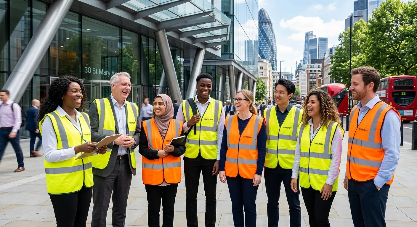 A dynamic, professional photo of a diverse group of temporary workers in high-vis vests and office attire gathered outside a modern London building, smiling and looking engaged. Style: Bright, optimistic, urban. Mood: Energetic and reliable.