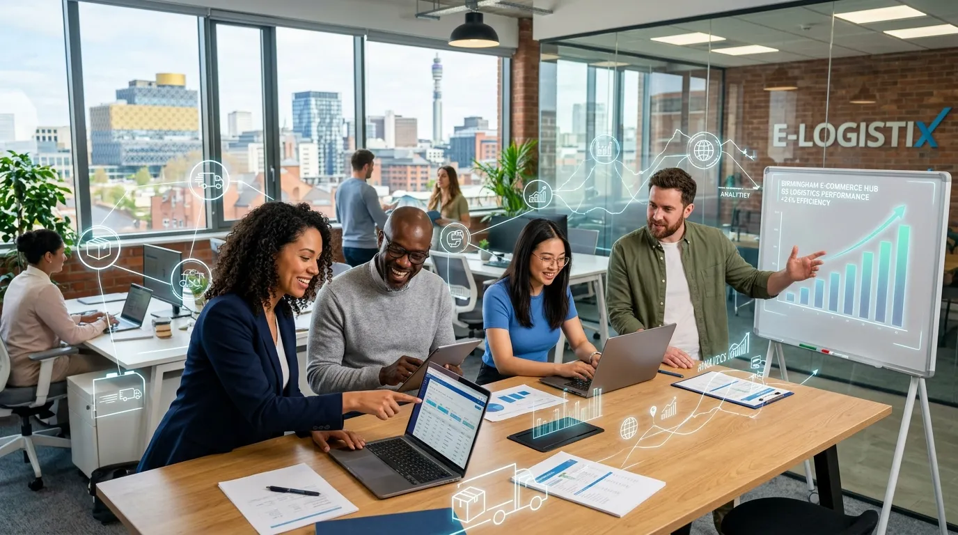 A dynamic, professional hero image showing a diverse team of modern workers collaborating in a bright, tech-forward office space in Birmingham, with subtle overlays of digital graphs and icons representing logistics and e-commerce. Style: Vibrant, professional, aspirational.