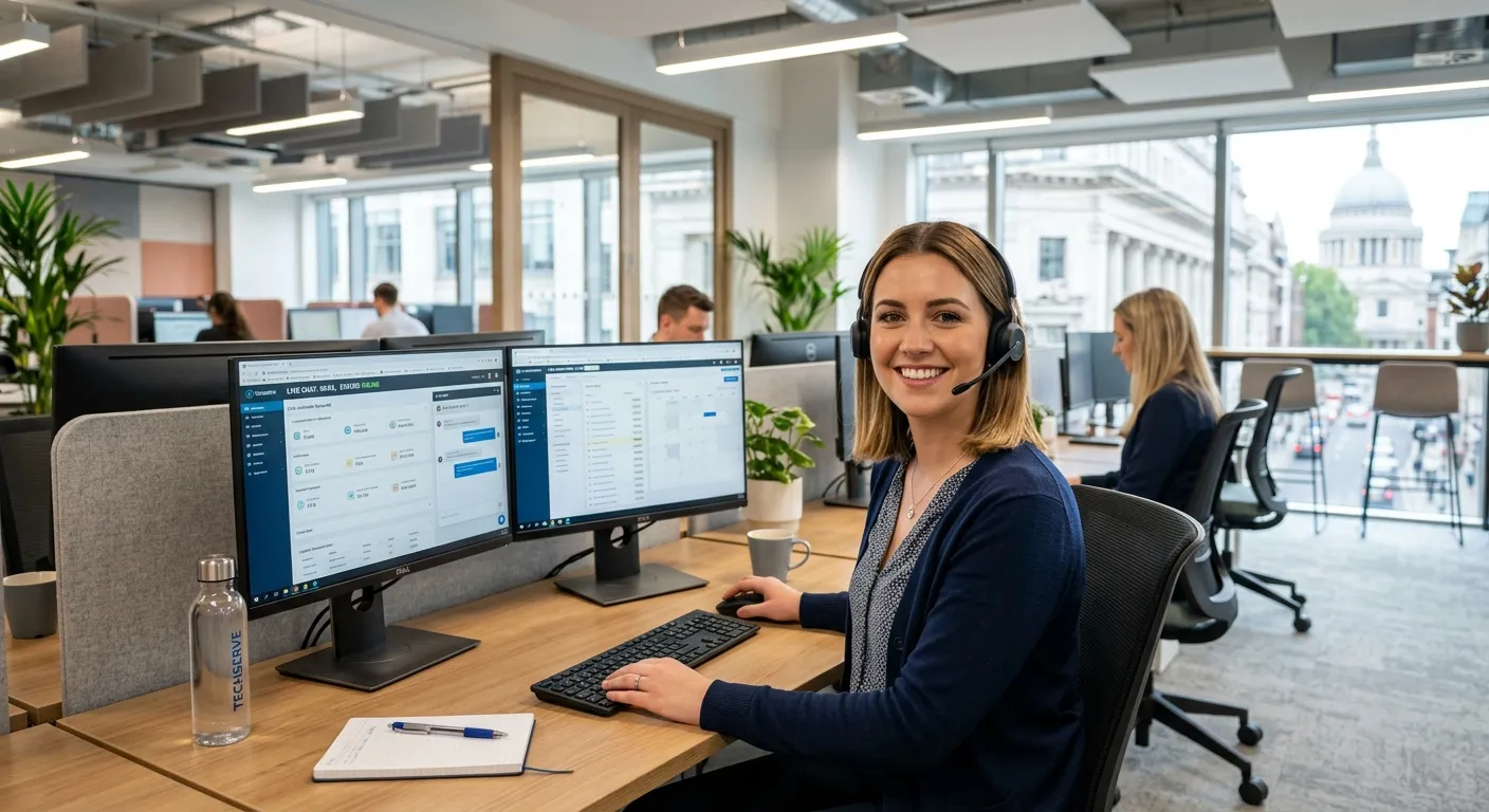 A modern, professional customer service advisor in a bright Holborn office, smiling while wearing a... A modern, professional customer service advisor in a bright Holborn office, smiling while wearing a headset and working on dual monitors, conveying a friendly and efficient atmosphere.