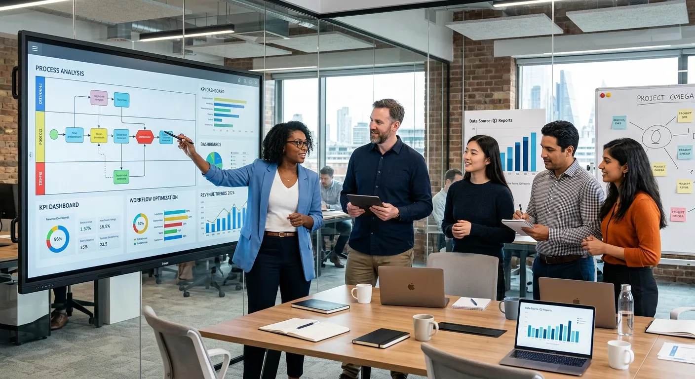 A modern, professional business setting. A diverse team of Business Analysts and project managers ar... A modern, professional business setting. A diverse team of Business Analysts and project managers are collaborating around a large digital screen displaying process flowcharts and data analytics dashboards. Style: Bright, sharp, professional. Mood: Strategic, innovative, and collaborative.