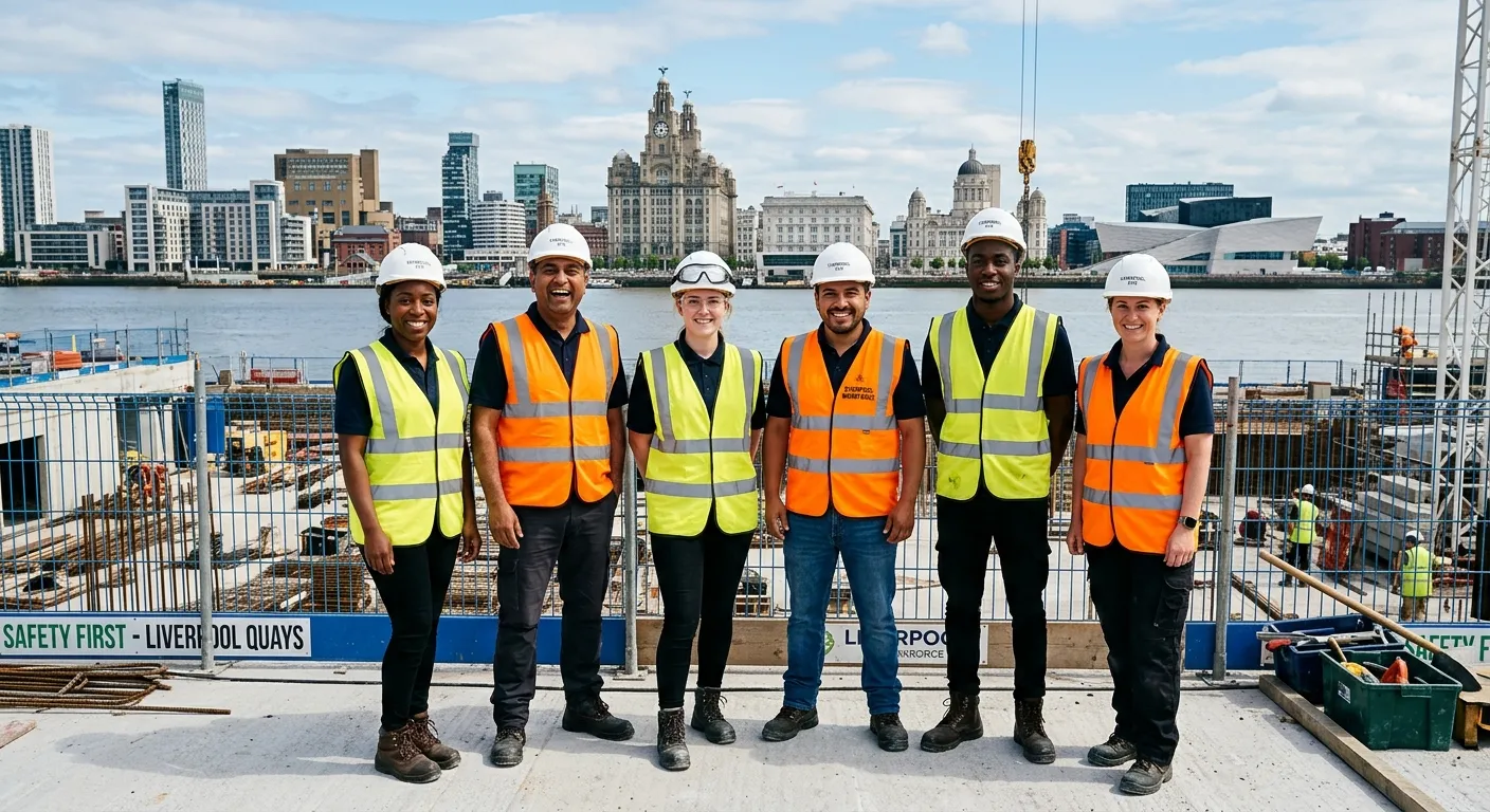 A professional, confident group of diverse temporary workers in high-vis vests and hard hats smiling on a modern construction site in Liverpool, with the waterfront visible in the background.