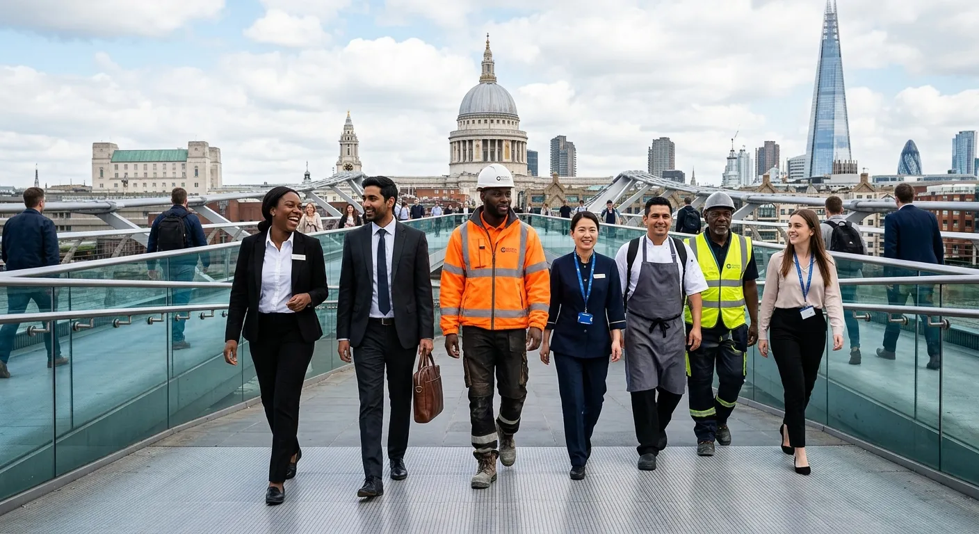 A dynamic, professional shot of diverse temporary workers in various uniforms (construction, hospita... A dynamic, professional shot of diverse temporary workers in various uniforms (construction, hospitality, office) walking confidently across a modern London bridge with iconic skyline in background. Style: Energetic, modern, diverse. Mood: Busy, professional, solution-oriented.