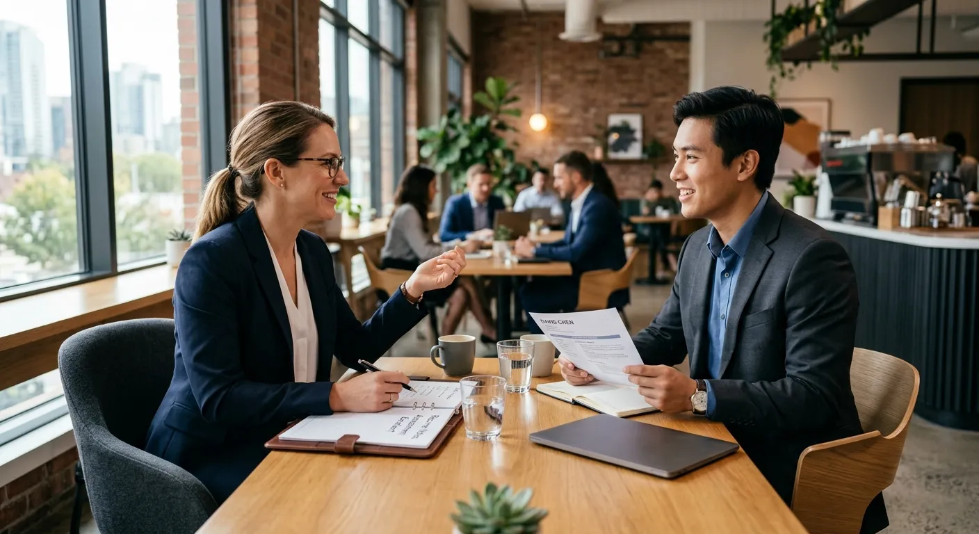 A professional, dynamic scene of a hiring manager interviewing a candidate in a modern office or restaurant setting. The mood is collaborative, efficient, and successful, with a focus on human connection and professional assessment.