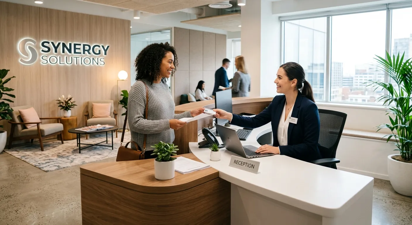 A modern, welcoming office reception area with a professional, smiling receptionist at a sleek desk,... A modern, welcoming office reception area with a professional, smiling receptionist at a sleek desk, assisting a visitor. The image should convey professionalism, warmth, and efficiency. Style: Bright, high-quality professional photography.