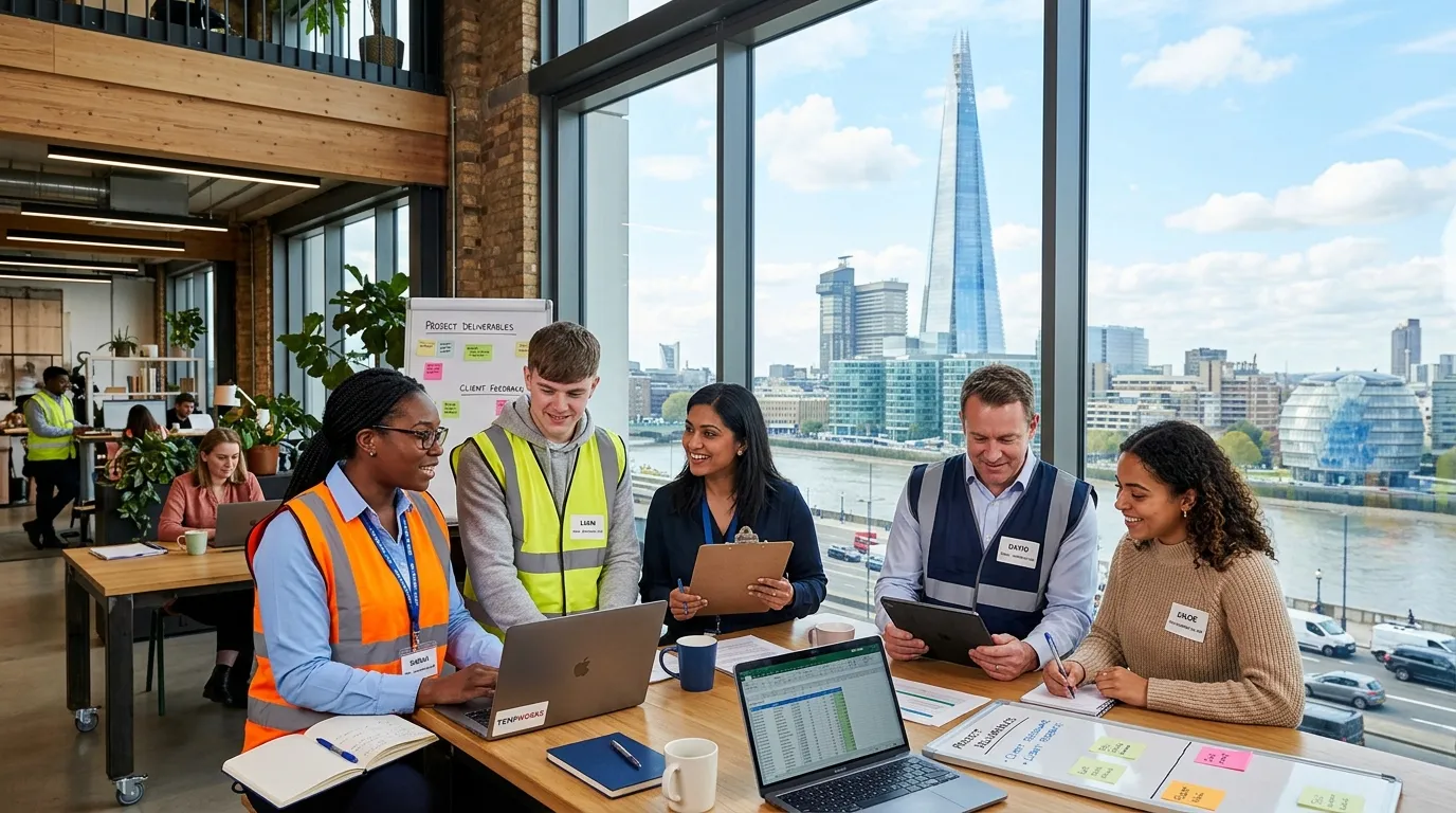 A dynamic, professional hero image showing a diverse group of temporary workers in high-vis vests and office attire collaborating in a modern London co-working space, with the Shard visible through a window. Mood: energetic, professional, and efficient.