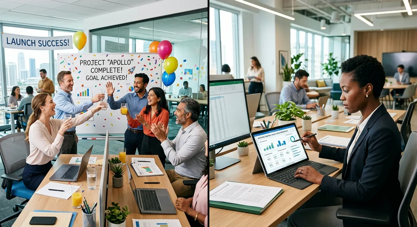 A dynamic, high-energy split-screen image showing a diverse team celebrating a project completion on... A dynamic, high-energy split-screen image showing a diverse team celebrating a project completion on one side, and a focused HR manager analyzing workforce data on a tablet on the other. Modern office environment, bright and optimistic mood.