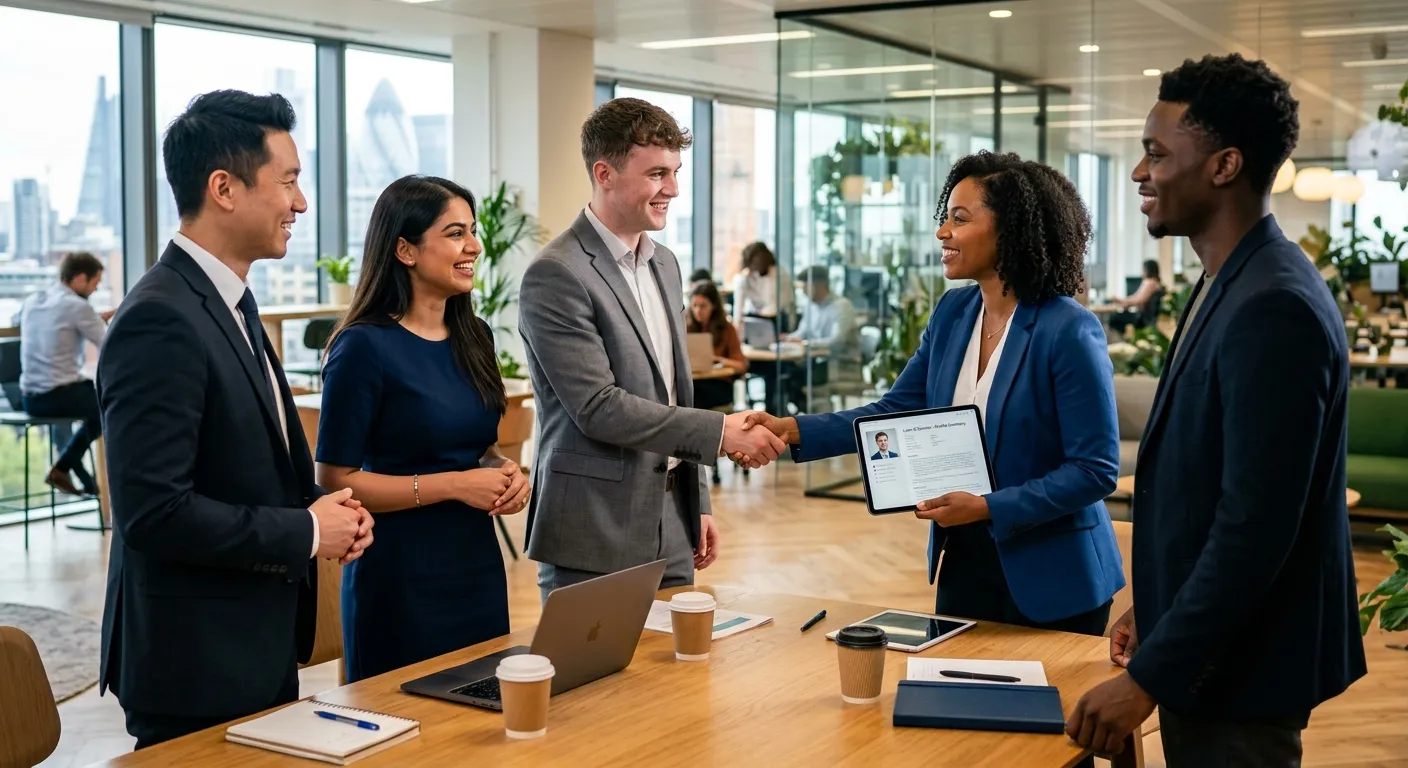 A dynamic, high-resolution hero image showing a diverse group of professional candidates and a hirin... A dynamic, high-resolution hero image showing a diverse group of professional candidates and a hiring manager in a modern office setting, shaking hands and reviewing a tablet. Style is professional, vibrant, and focused on human connection.