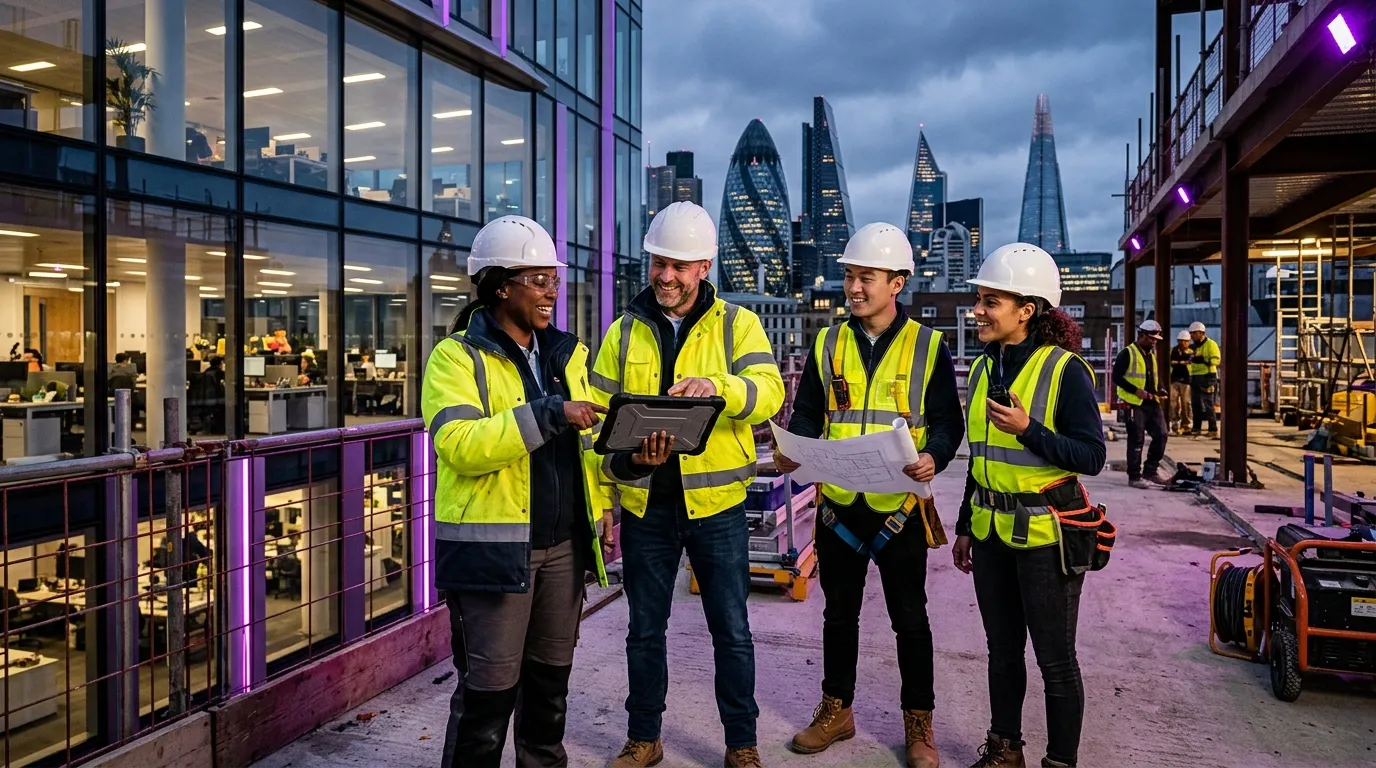 Professional, dynamic hero image featuring a diverse group of skilled workers in West London, smilin... Professional, dynamic hero image featuring a diverse group of skilled workers in West London, smiling and collaborating in a modern office and construction site hybrid setting. Moody, professional lighting with a slight purple/gold accent glow.