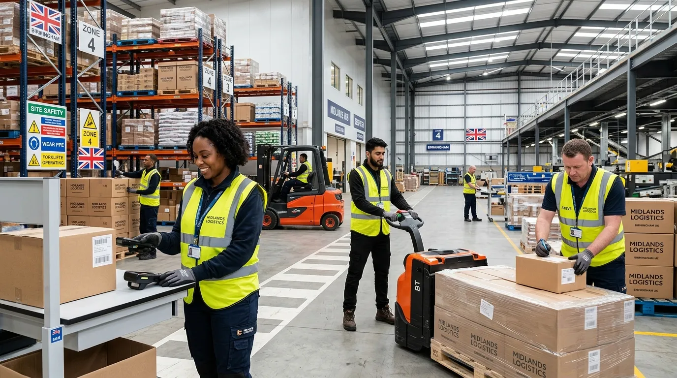 A dynamic, professional hero image showing a diverse team of warehouse operatives in high-vis vests... A dynamic, professional hero image showing a diverse team of warehouse operatives in high-vis vests working efficiently in a modern, well-organised Midlands warehouse. The image should convey energy, teamwork, and a professional logistics environment. Focus on Birmingham/Midlands industrial aesthetic.