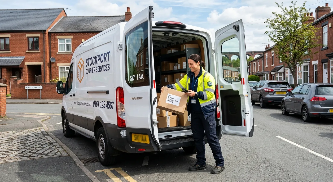A professional, confident Courier Driver in hi-vis attire, loading parcels into a modern van on a street in Stockport, UK. The image should convey efficiency, reliability, and local context, with a clear sky and practical mood.
