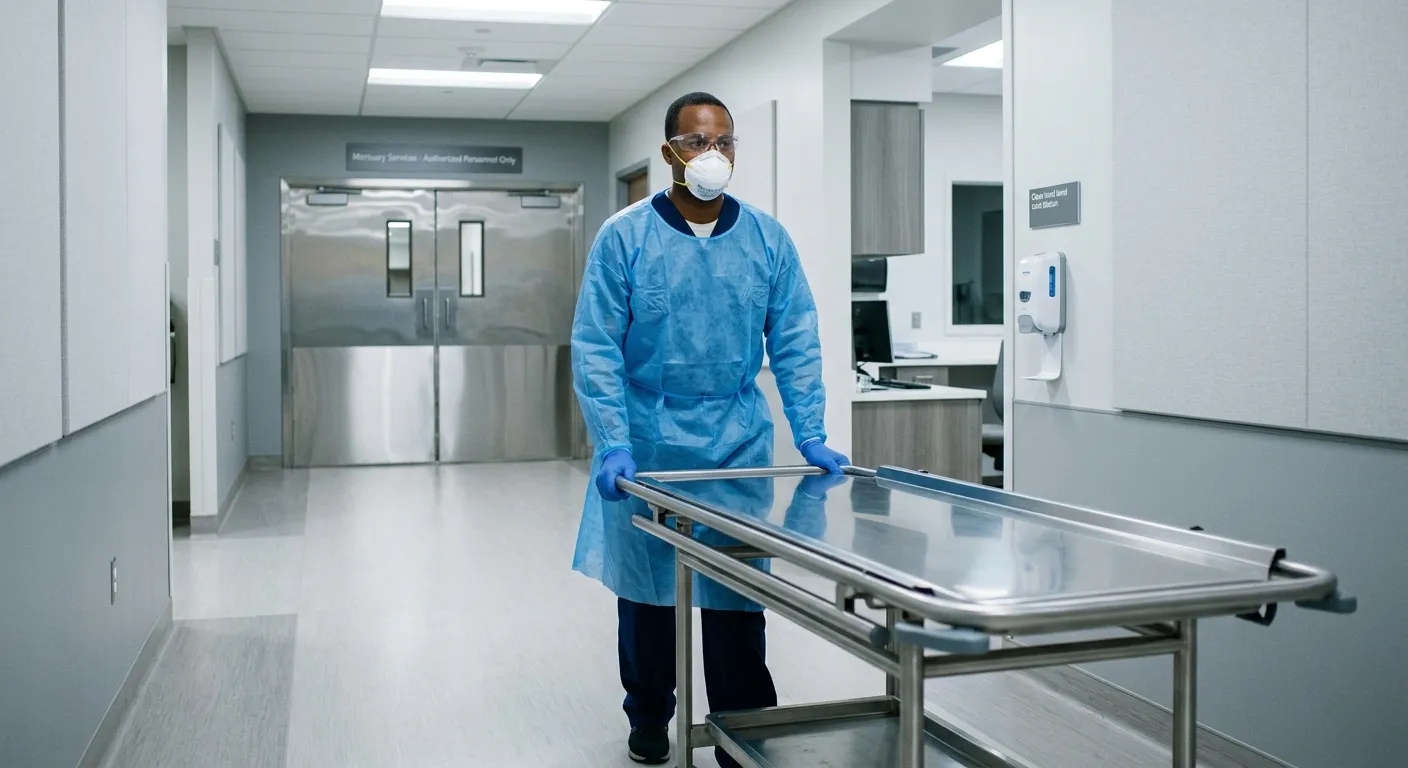 A professional, respectful image of a mortuary porter in a clean, modern hospital or mortuary settin... A professional, respectful image of a mortuary porter in a clean, modern hospital or mortuary setting, wearing appropriate PPE, looking focused and reliable. Mood: Trustworthy, professional, and essential.