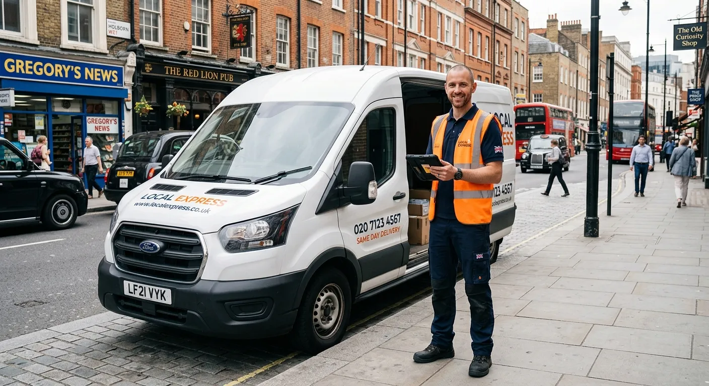 A professional, smiling van driver in a high-visibility vest standing by a clean, modern van on a ty... A professional, smiling van driver in a high-visibility vest standing by a clean, modern van on a typical Holborn street, holding a delivery tablet. The image conveys reliability, local knowledge, and a dynamic work environment.