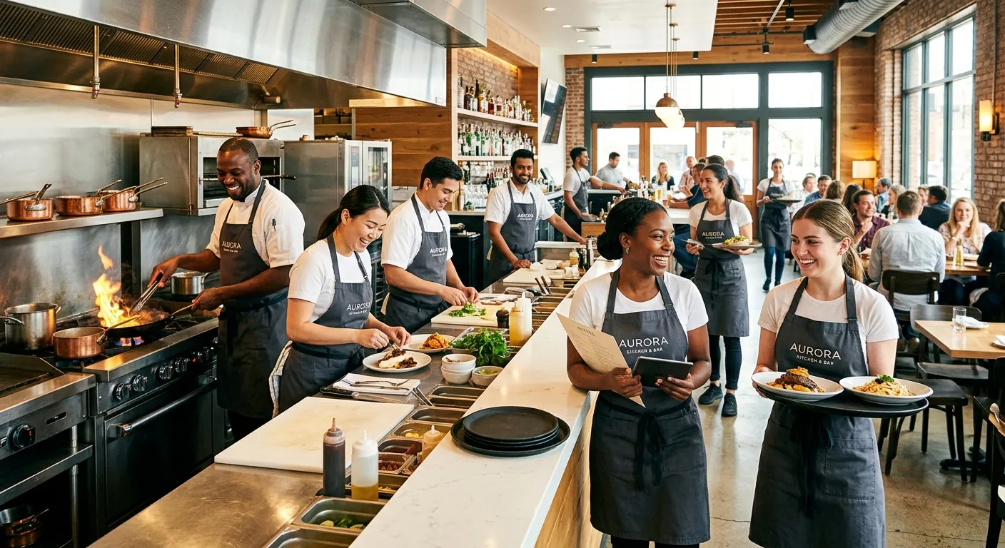 A high-contrast, professional photo of a diverse, energetic restaurant team in a modern kitchen and... A high-contrast, professional photo of a diverse, energetic restaurant team in a modern kitchen and dining area, smiling and collaborating. Style: Bright, vibrant, and welcoming. Mood: Professional, successful, and dynamic.