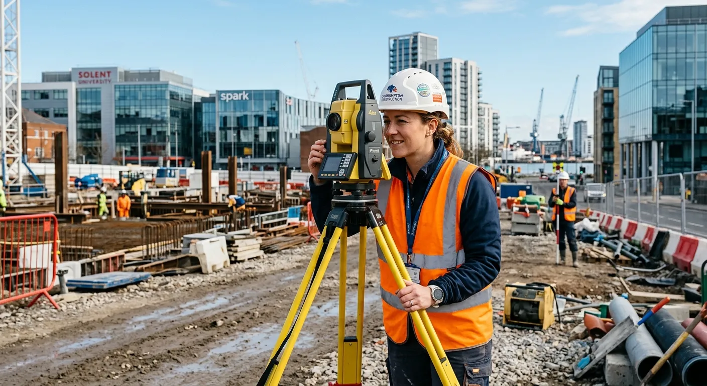 A professional surveyor in a hi-vis vest, using a total station on a construction site in Southampton, with modern buildings in the background. Bright, clear day, professional and confident mood.