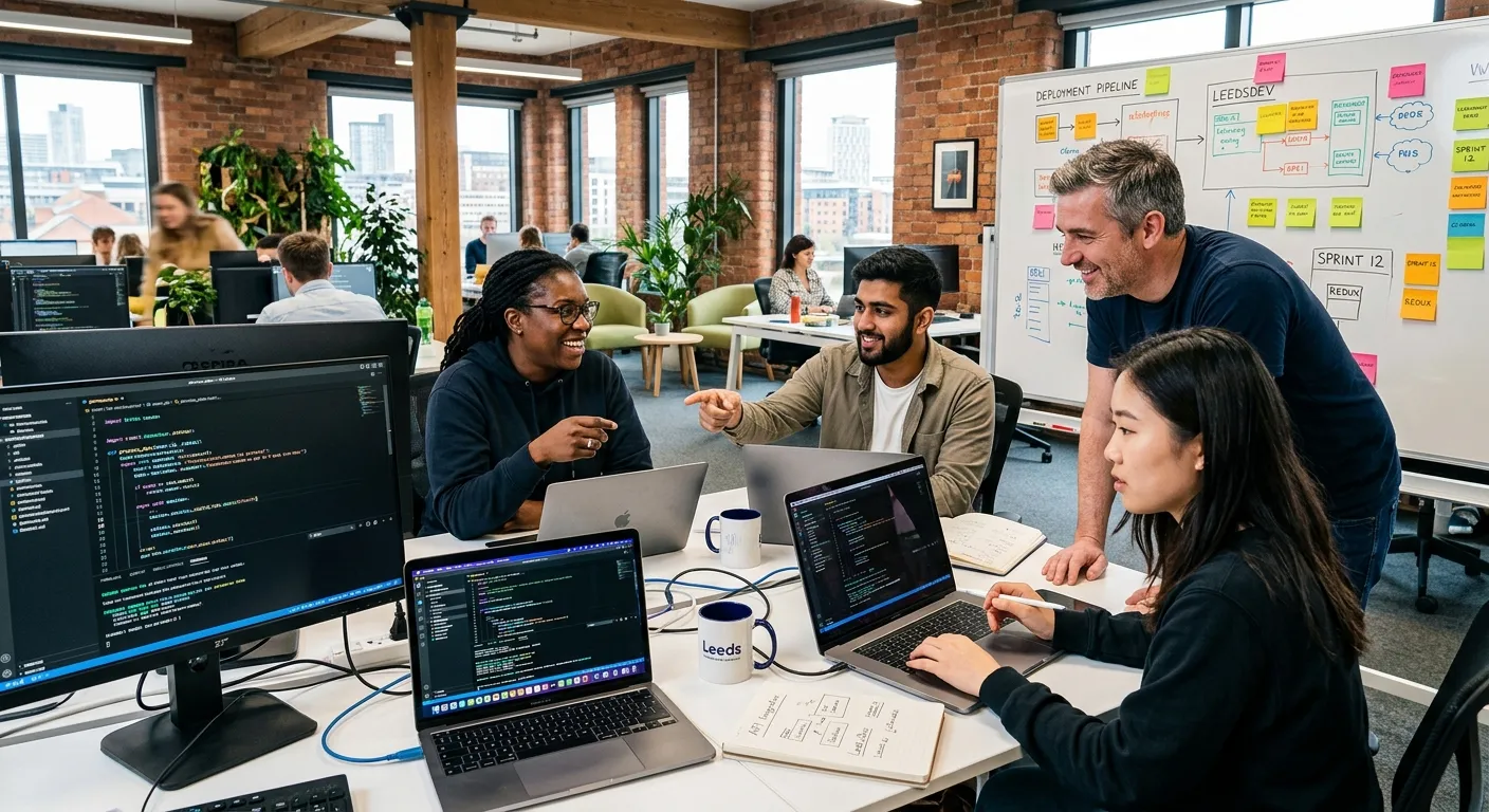 A dynamic, professional photo of a diverse software development team collaborating in a modern Leeds... A dynamic, professional photo of a diverse software development team collaborating in a modern Leeds office space, with laptops and code on screens visible. Style: Bright, energetic, tech-focused.