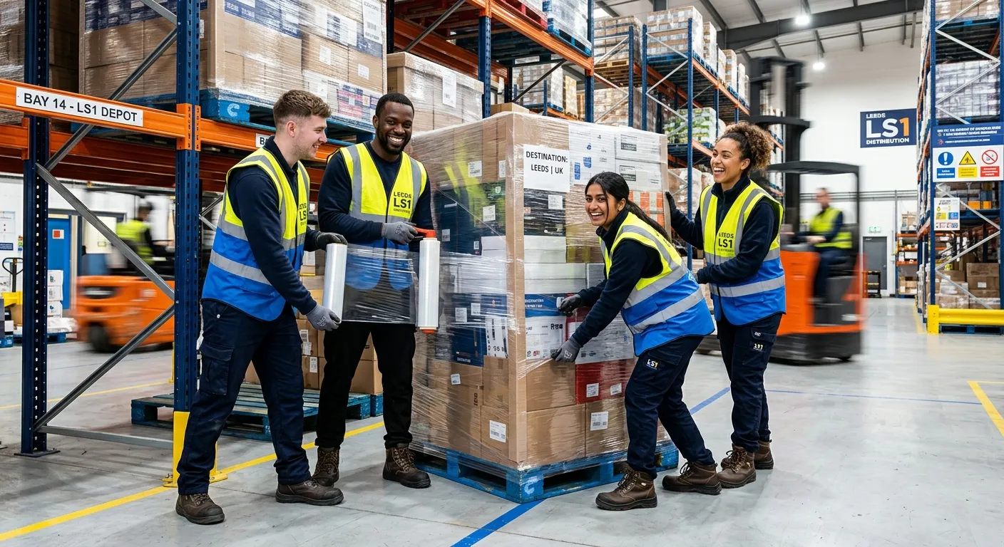 A dynamic, professional photo of a diverse team of warehouse operatives in a modern, clean Leeds LS1... A dynamic, professional photo of a diverse team of warehouse operatives in a modern, clean Leeds LS1 distribution centre, smiling and collaborating on loading a pallet. Style: bright, energetic, and professional, showing a positive work environment.
