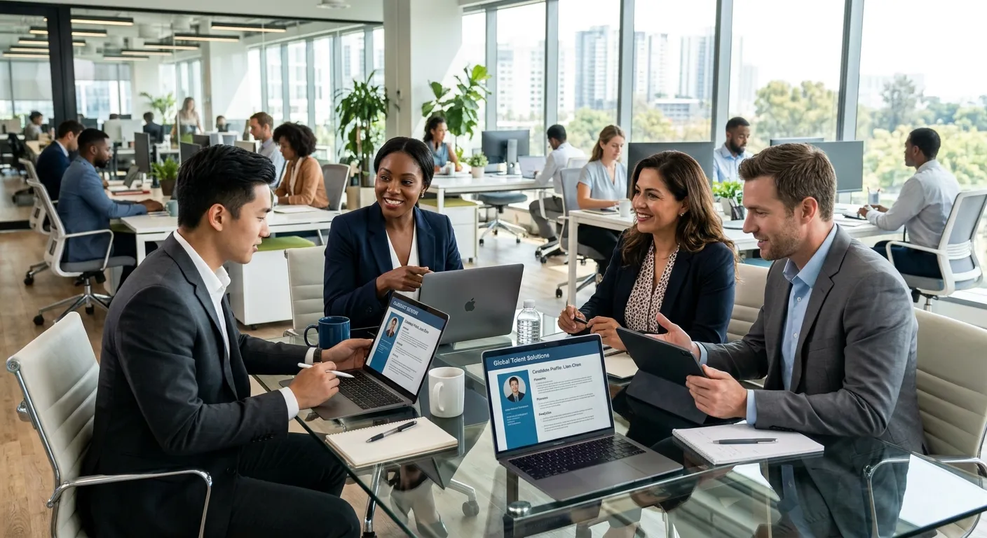 A professional, high-energy office environment. A diverse group of recruitment consultants in sharp... A professional, high-energy office environment. A diverse group of recruitment consultants in sharp business attire are gathered around a modern glass table, reviewing candidate profiles on laptops and tablets. The mood is collaborative, confident, and solution-oriented, with natural light streaming in.