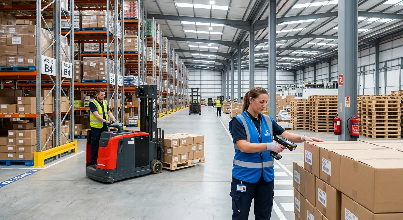 A dynamic, professional photo of a modern warehouse in Cambridge CB1, showing operatives using handh... A dynamic, professional photo of a modern warehouse in Cambridge CB1, showing operatives using handheld scanners and forklifts in a clean, organised aisle. Style: Bright, realistic, conveying efficiency and scale.
