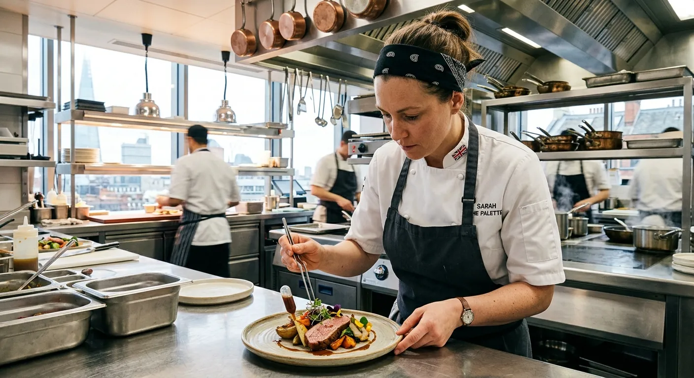 A dynamic, professional shot of a skilled cook in a modern London commercial kitchen, plating a dish with precision. Focus on action, clean uniforms, and a bright, efficient kitchen atmosphere.