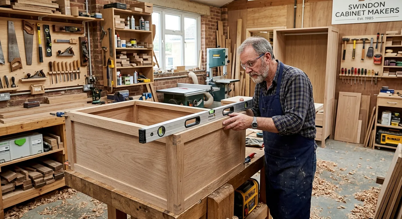 A skilled Cabinet Maker in a Swindon workshop, using a precision level to check the alignment of a cabinet carcase, with other tools and materials visible in the background.