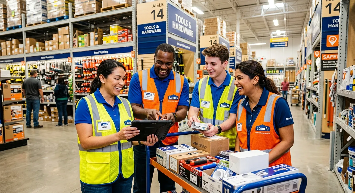 A professional, high-contrast image of a diverse group of retail and construction workers in Lowe's-... A professional, high-contrast image of a diverse group of retail and construction workers in Lowe's-style uniforms and hi-vis vests, smiling and collaborating in a well-lit warehouse or store setting. Modern, corporate style.