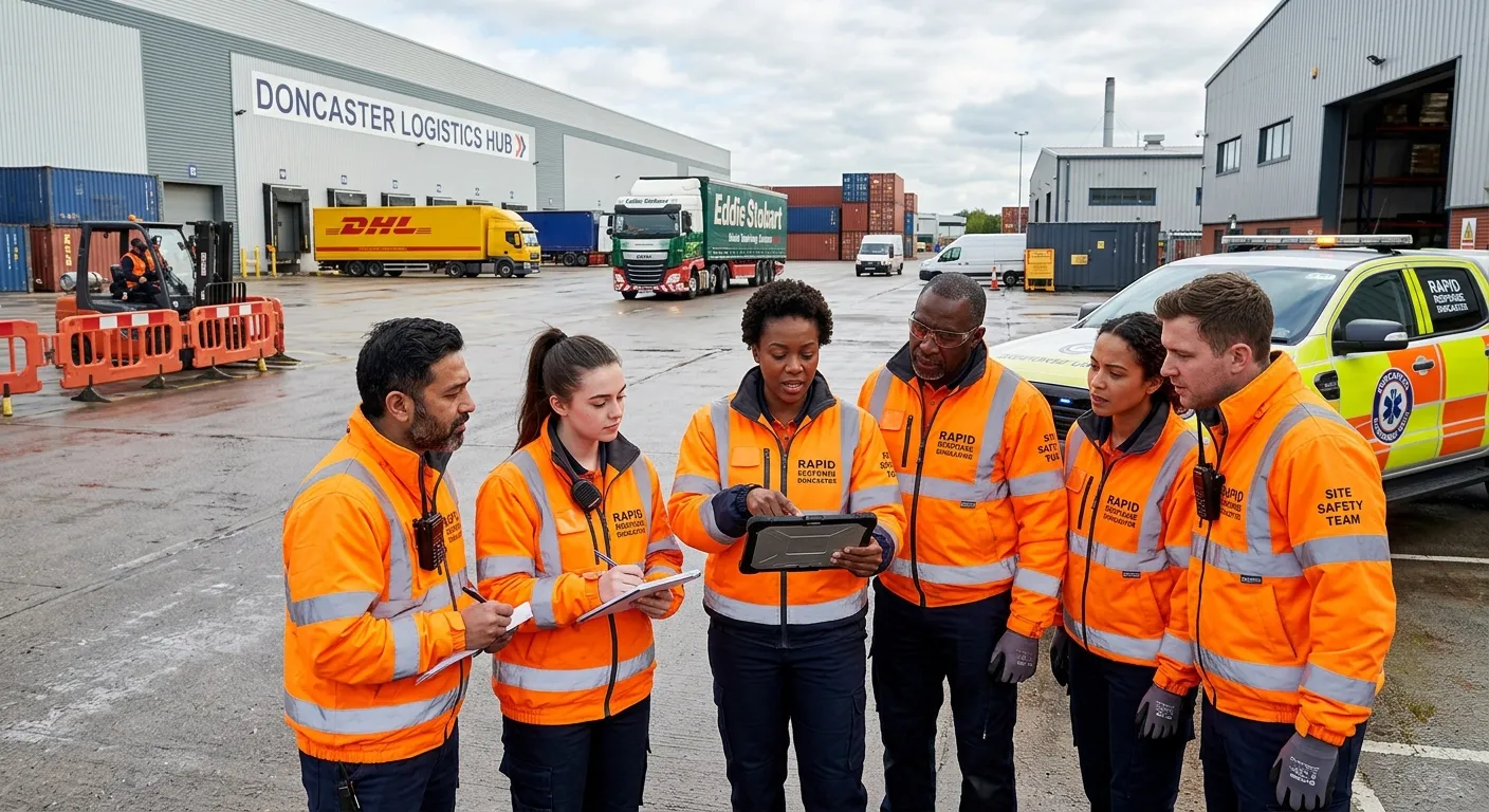 A dynamic, professional photo of a diverse team of rapid response staff in high-visibility jackets,... A dynamic, professional photo of a diverse team of rapid response staff in high-visibility jackets, gathered at a logistics or industrial site in Doncaster, looking engaged and ready for action. Style should be modern, energetic, and convey urgency and teamwork.