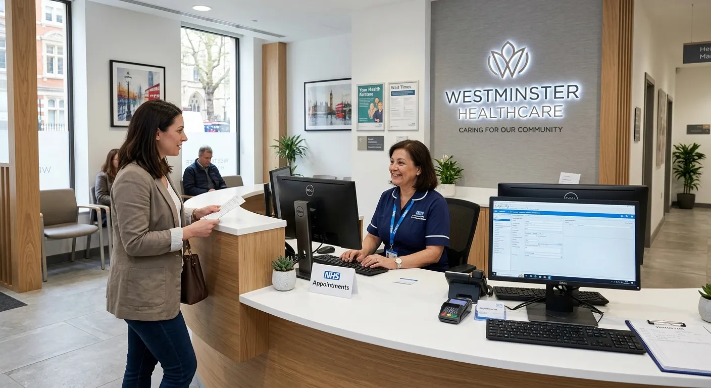 A modern, professional medical reception desk in a Westminster clinic, with a friendly receptionist assisting a patient, sleek computer systems visible, and tasteful healthcare branding on the walls