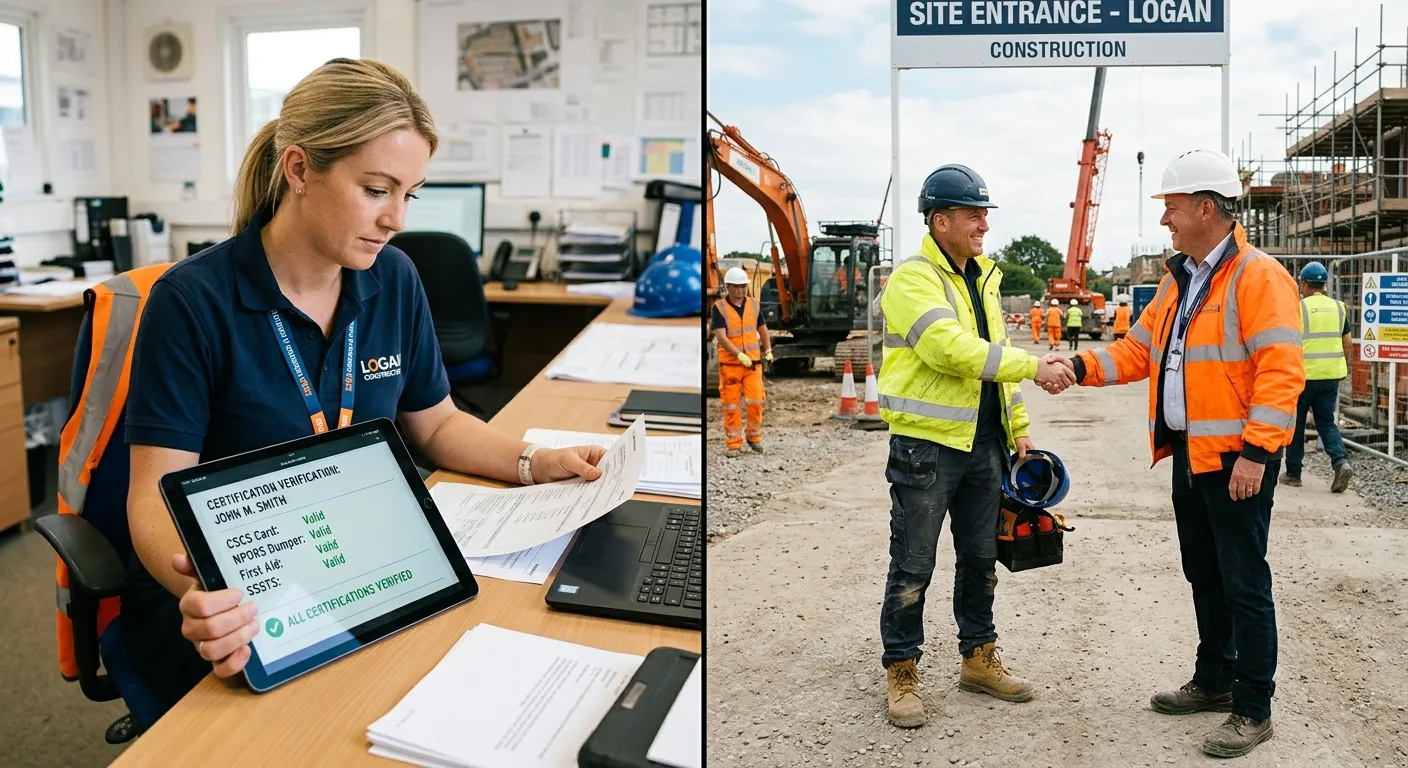 A split-screen image showing a recruiter verifying digital certifications on a tablet on one side, and a replacement construction worker being welcomed on-site by a manager on the other.