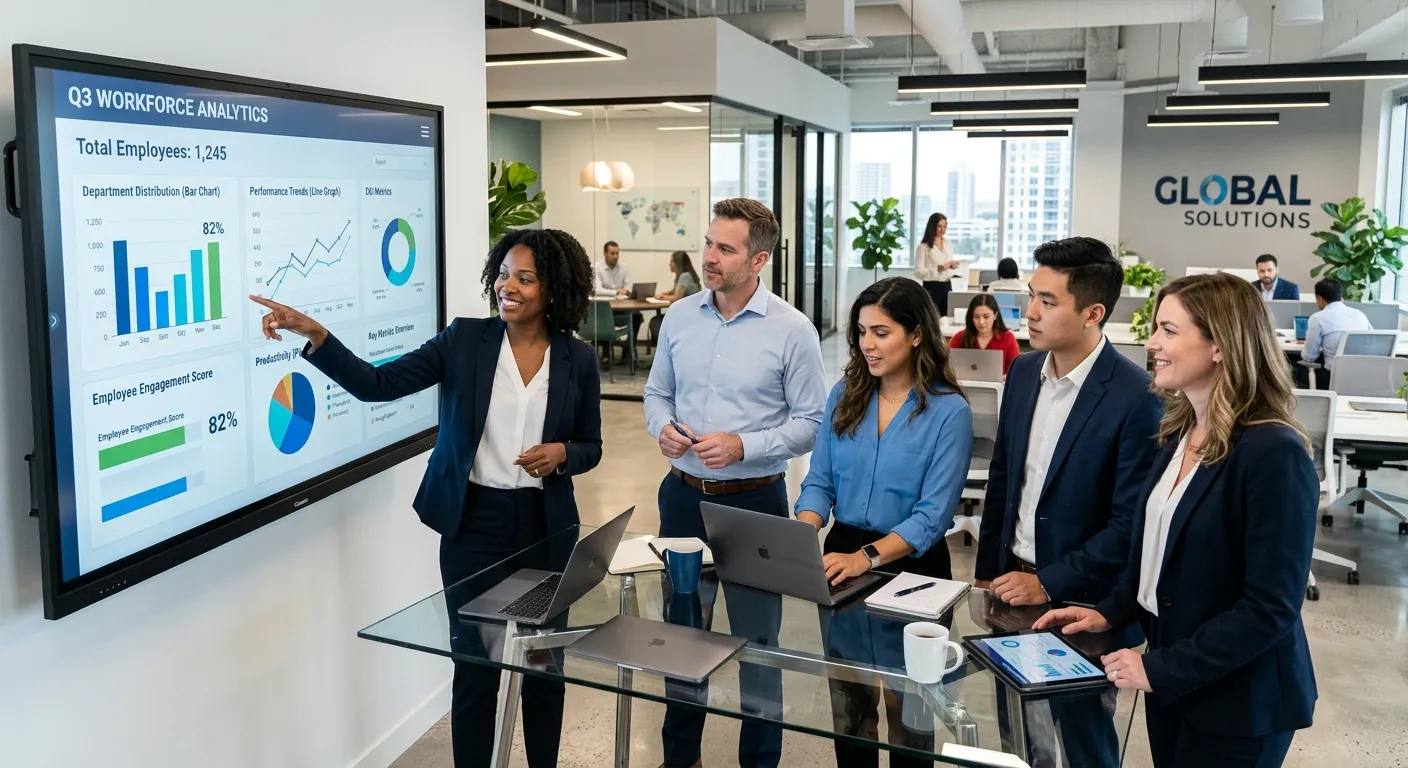 A modern, professional office environment with diverse team members collaborating around a digital dashboard showing workforce analytics, style: professional corporate photography, mood: dynamic, collaborative, and forward-thinking