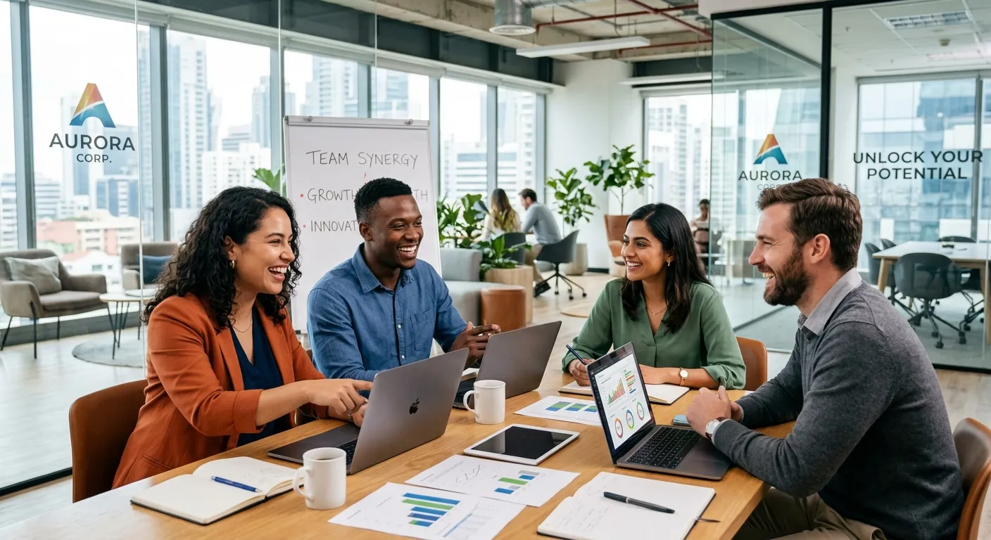 A diverse group of enthusiastic, young professionals in a modern office setting, smiling and collabo... A diverse group of enthusiastic, young professionals in a modern office setting, smiling and collaborating. The image should convey opportunity, fresh starts, and professional growth. Style: Bright, aspirational, corporate.