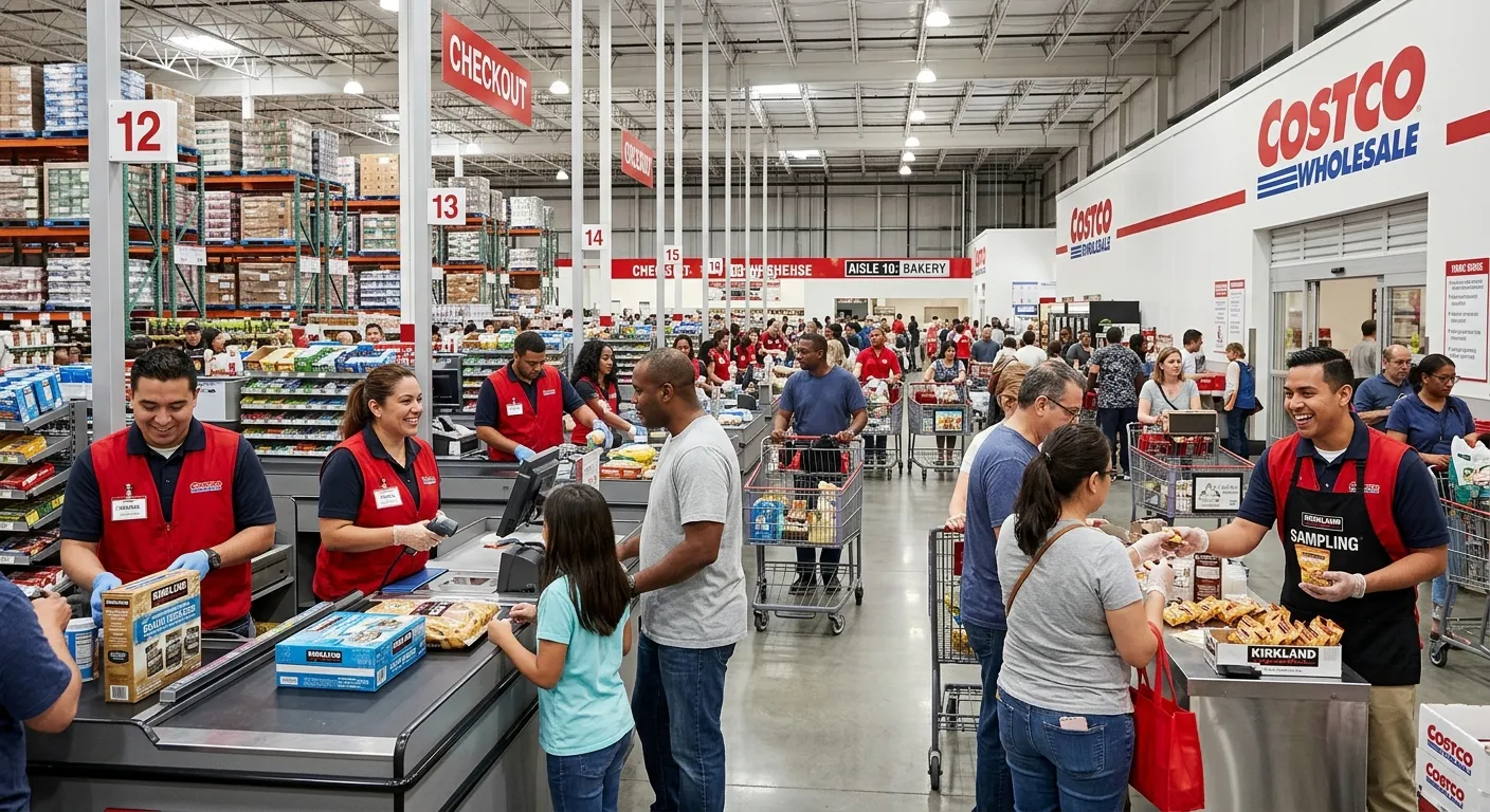 A professional, well-lit image of a modern Costco warehouse interior, showing friendly employees in... A professional, well-lit image of a modern Costco warehouse interior, showing friendly employees in red vests assisting customers at the checkout and sample stations. Style: Corporate, welcoming, high-contrast. Mood: Busy, efficient, and professional.